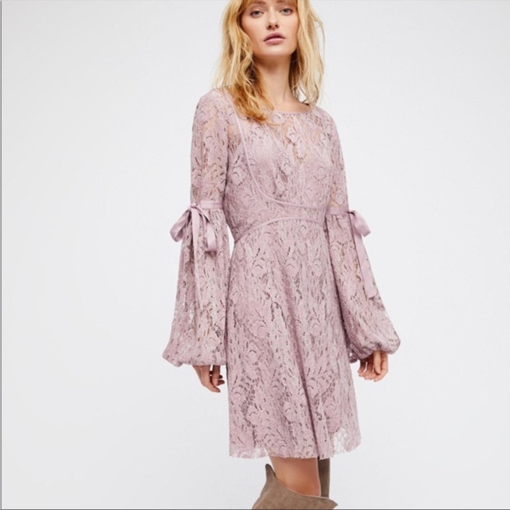 Free People Dress Ruby Mini Babydoll Lilac Pink Lace Sheer Boho Balloon Sleeve